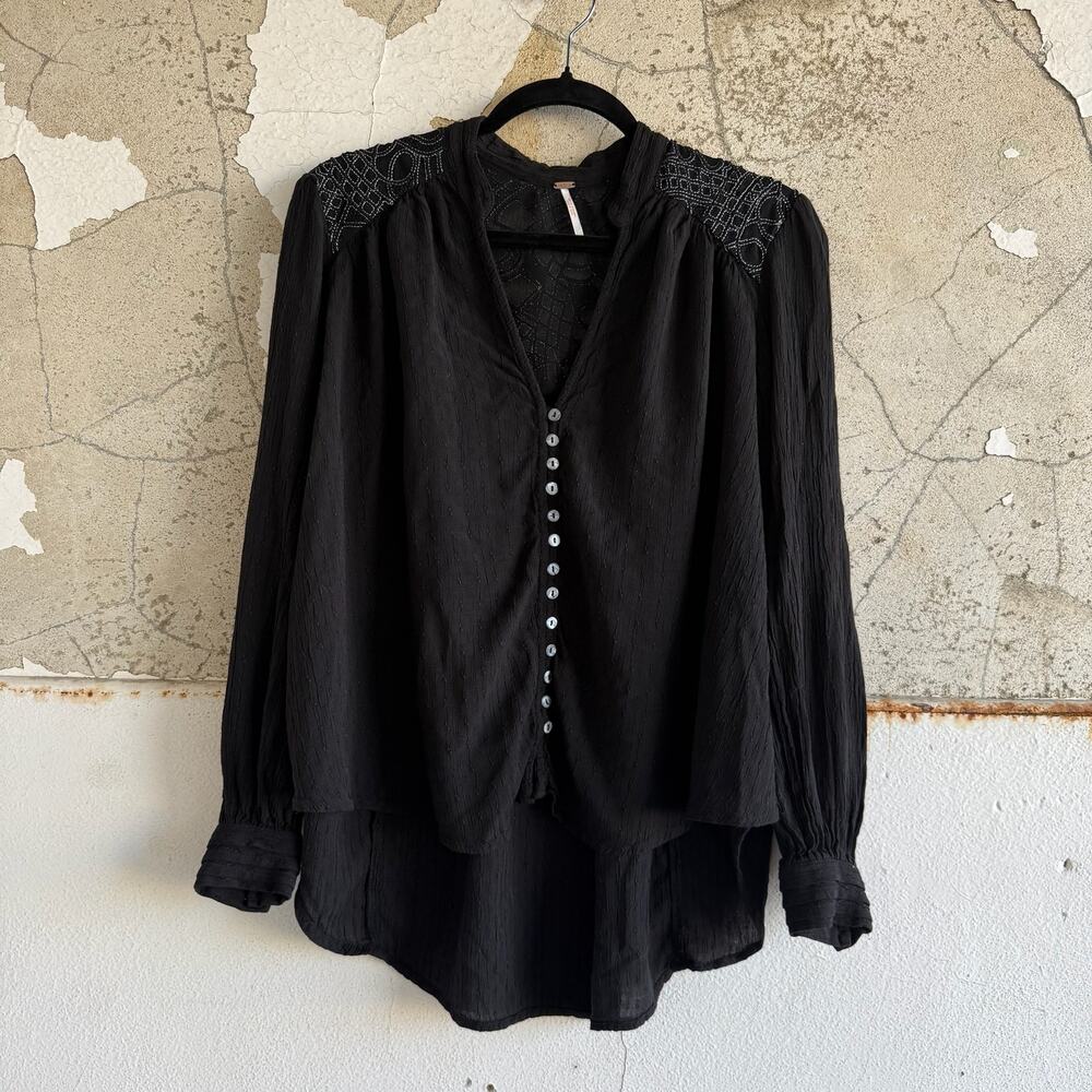 Free People‎ Blouse Embroidered Button Front High Low Long Sleeve Boho Black Top